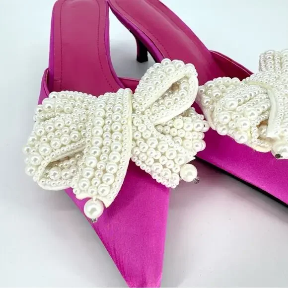 Bright Pink Satin Kitten Heel Mules with Pearl Bow Size 39 - Picture 6 of 8